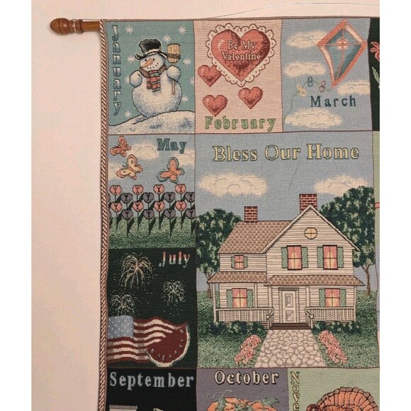 EUC Hanging Holiday Monthly Calendar Woven 90's Tapestry Wall Art Americana - Picture 2 of 6